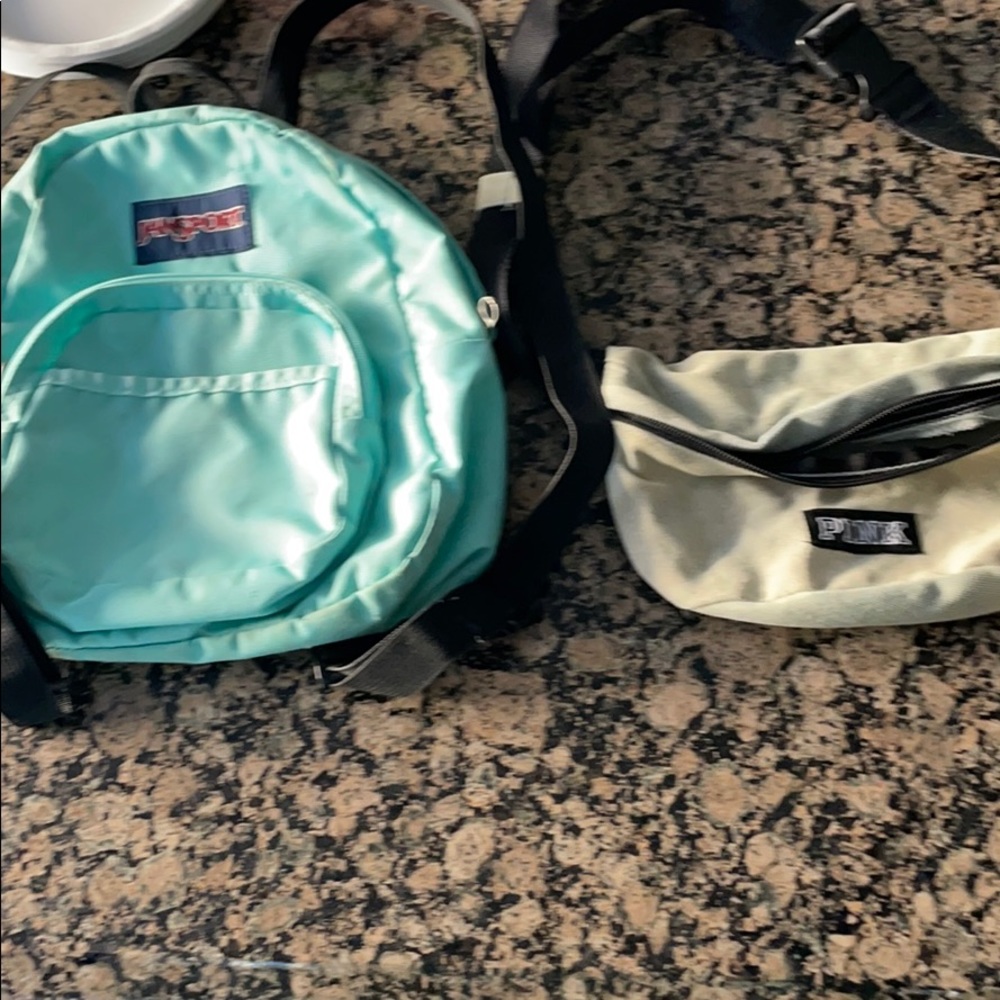mini jansport backpack and fanypack from pink